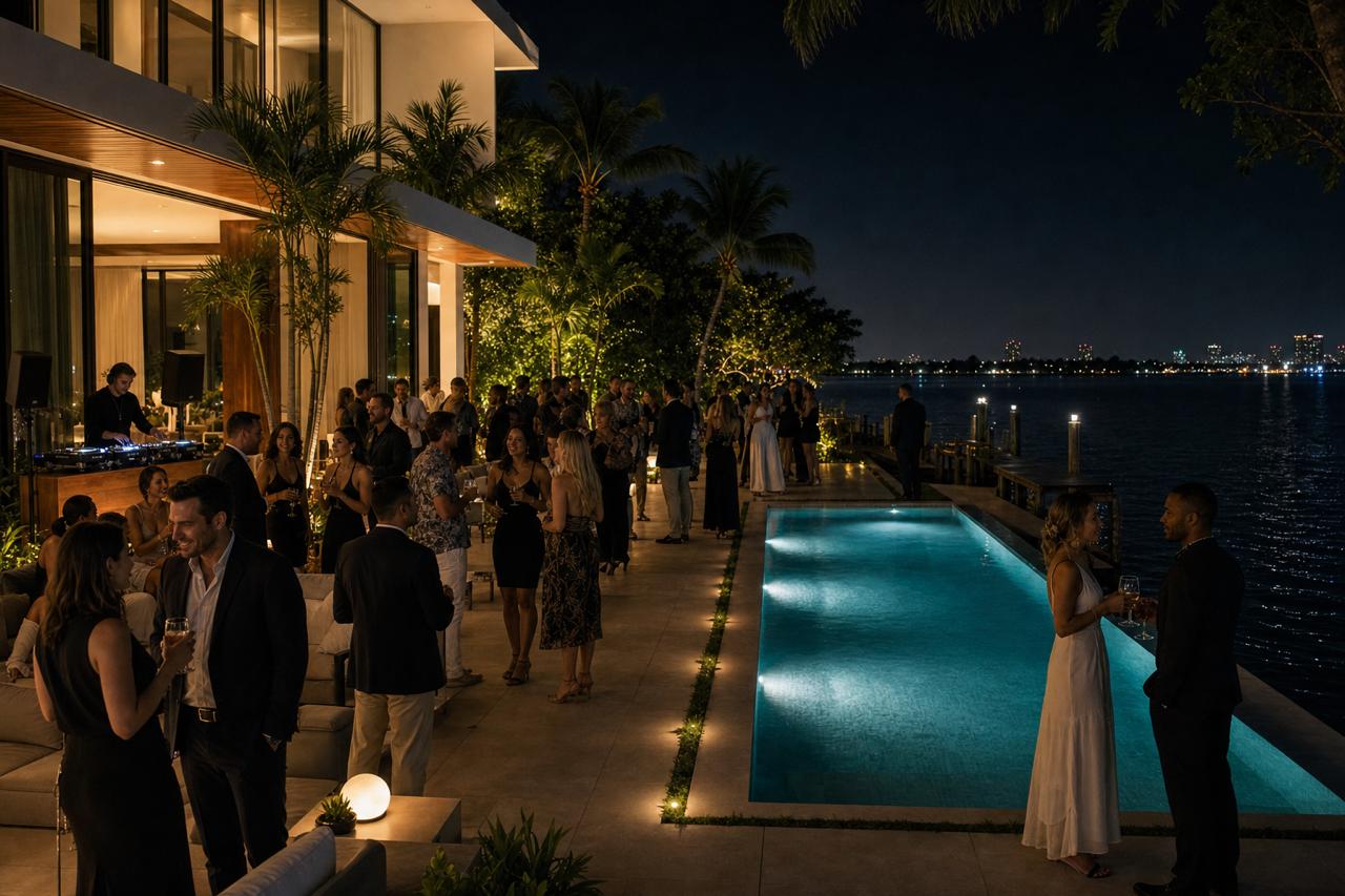 Evening waterfront reception during Miami Art Week produced by Event More