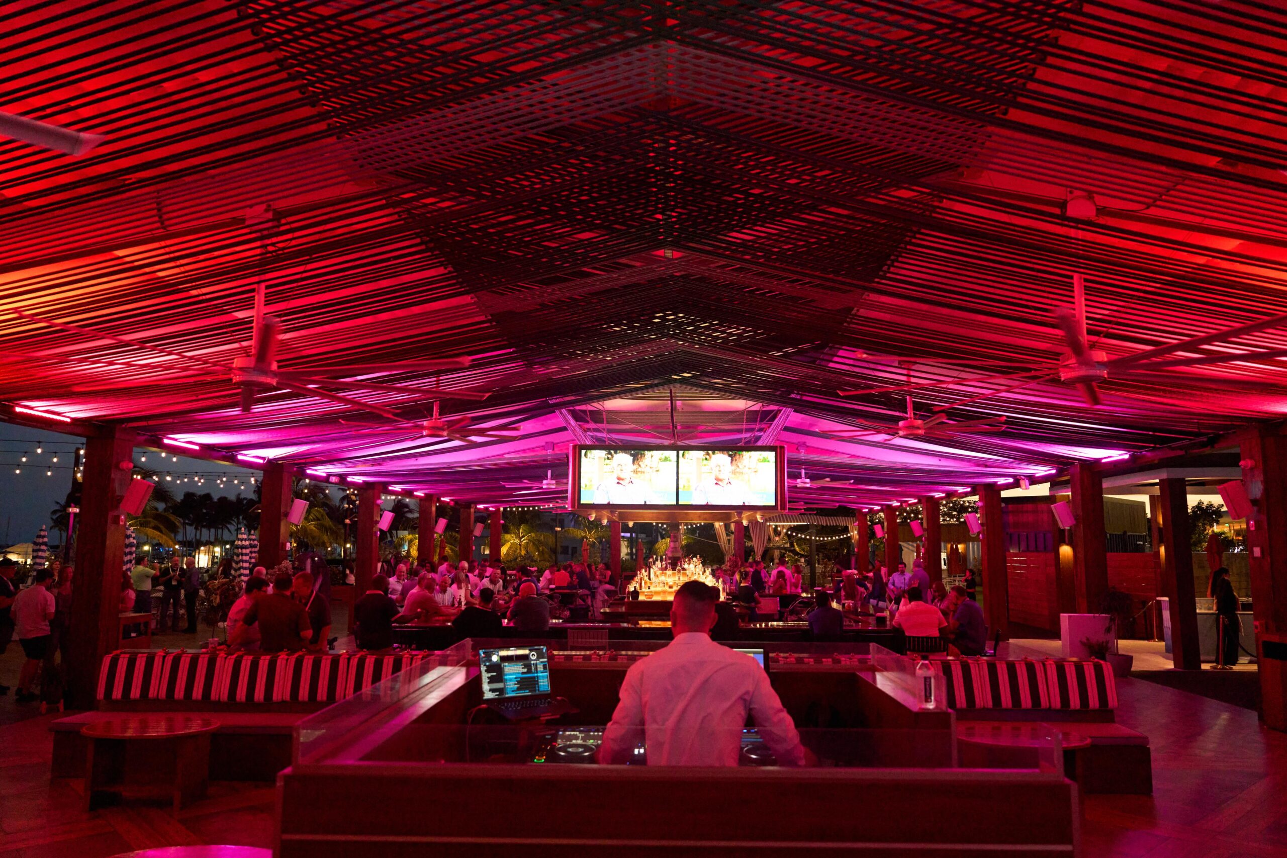 Rooftop lounge set for a corporate holiday party in Miami